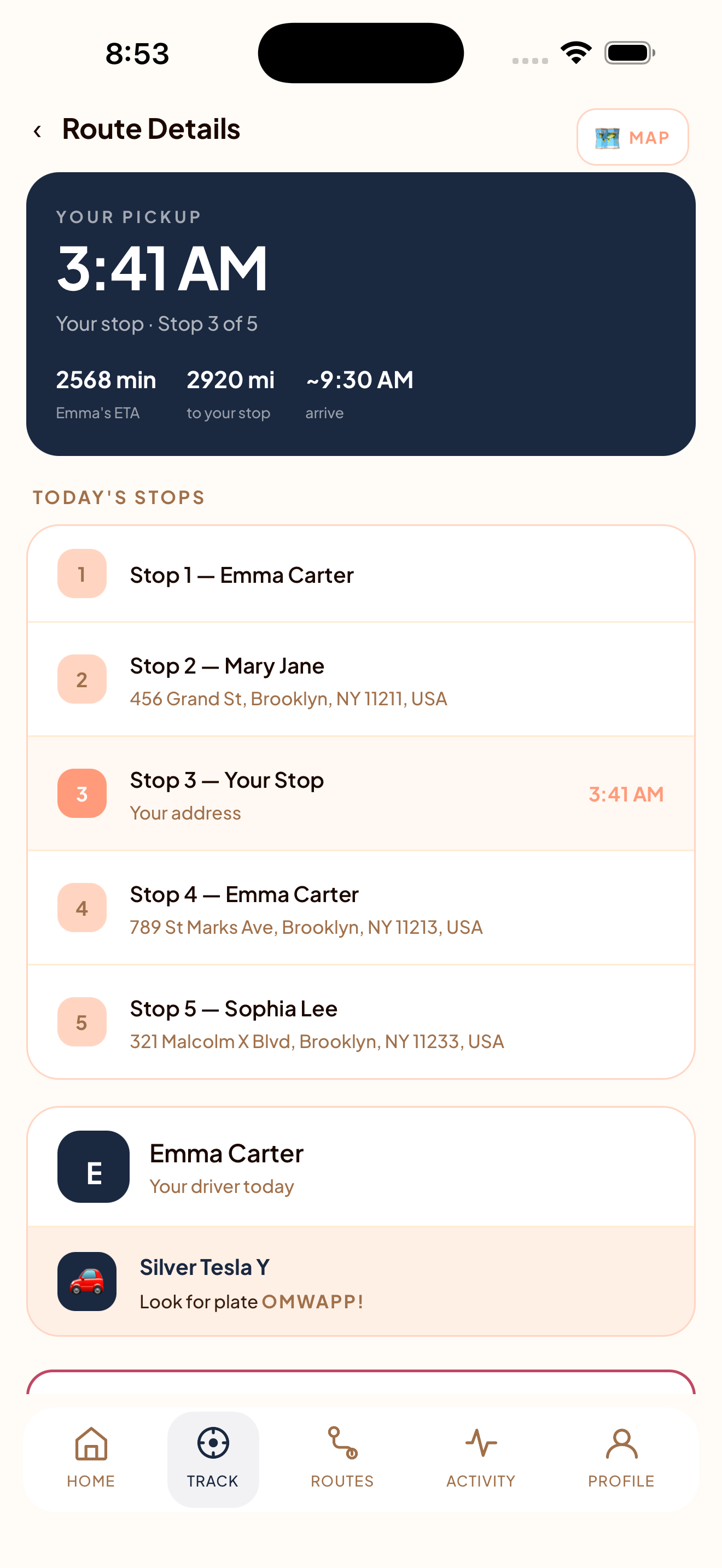 OMW Route Detail — passenger ETA with pickup time, stops, and driver info