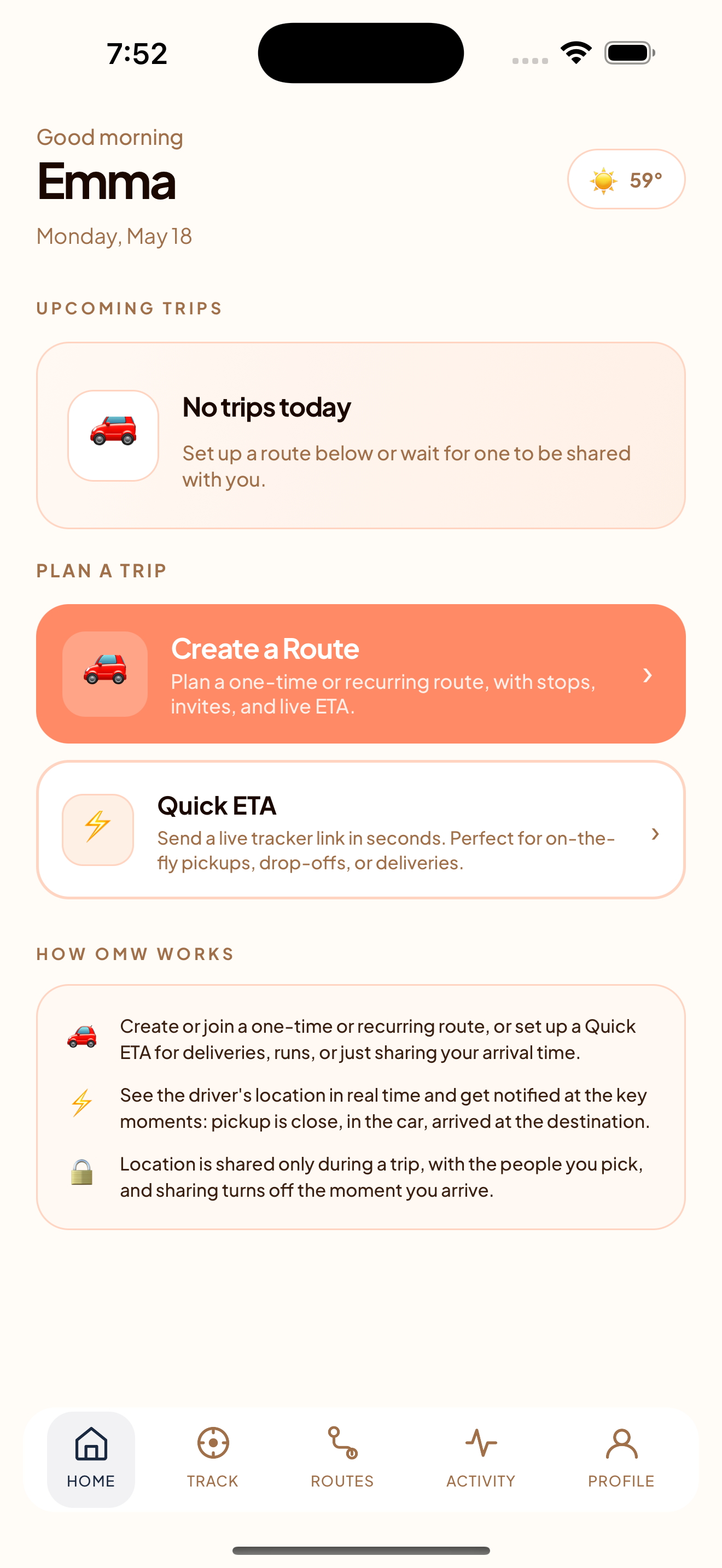 OMW Home screen — peach palette, Plan a Route and Quick ETA tiles, with a five-tab nav bar